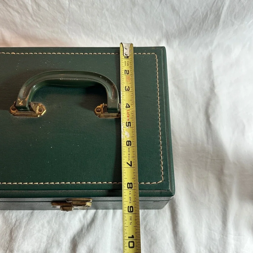 Vintage Jewelry Box Forest Green Good Faux Leather Brass Latch Top Handle Case